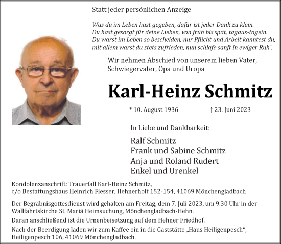 Traueranzeige von Karl-Heinz Schmitz von trauer.extra-tipp-moenchengladbach.de