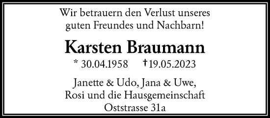 Traueranzeige von Karsten Braumann von trauer.wuppertaler-rundschau.de