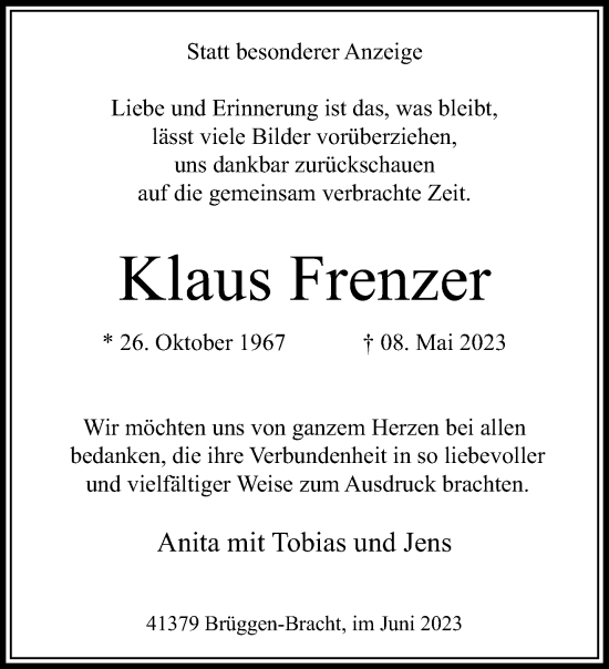 Traueranzeige von Klaus Frenzer von trauer.extra-tipp-moenchengladbach.de