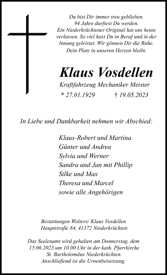 Traueranzeige von Klaus Vosdellen von trauer.extra-tipp-moenchengladbach.de