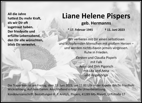 Traueranzeige von Liane Helene Pispers von trauer.extra-tipp-moenchengladbach.de