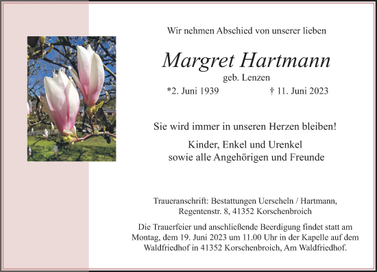 Traueranzeige von Margret Hartmann von trauer.extra-tipp-moenchengladbach.de