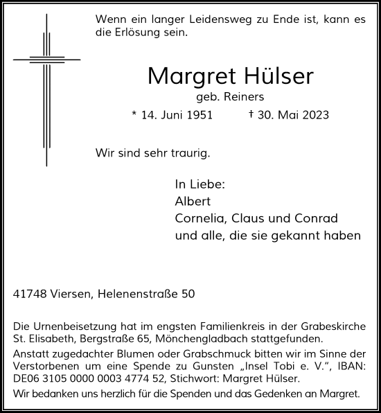 Traueranzeige von Margret Hülser von trauer.extra-tipp-moenchengladbach.de