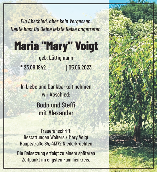 Traueranzeige von Maria Voigt von trauer.extra-tipp-moenchengladbach.de