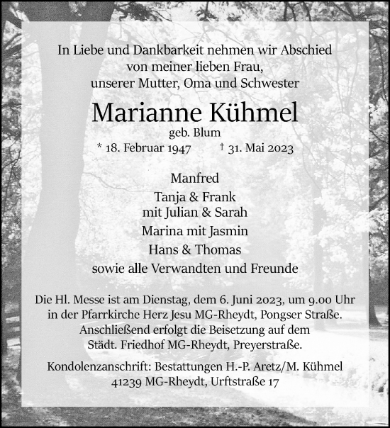 Traueranzeige von Marianne Kühmel von trauer.extra-tipp-moenchengladbach.de