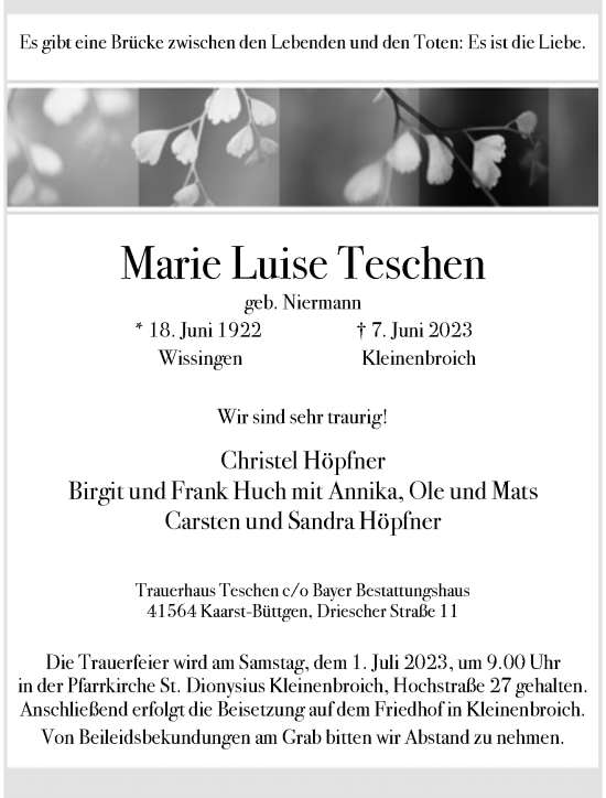 Traueranzeige von Marie Luise Teschen von trauer.extra-tipp-moenchengladbach.de