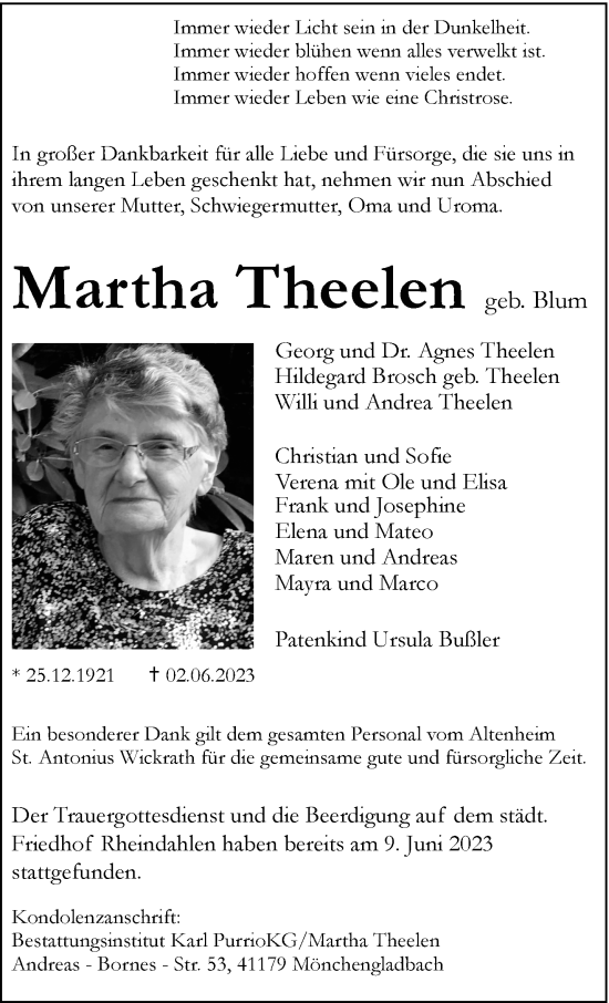 Traueranzeige von Martha Theelen von trauer.extra-tipp-moenchengladbach.de