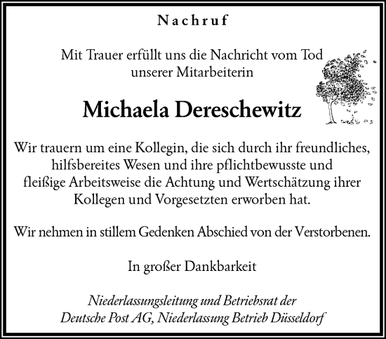 Traueranzeige von Michaela Dereschewitz von trauer.wuppertaler-rundschau.de