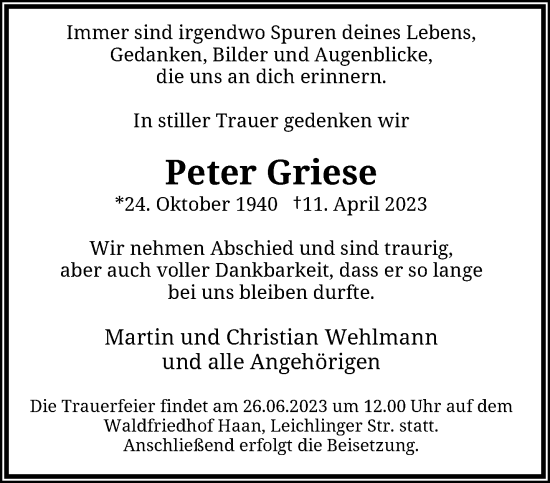 Traueranzeige von Peter Griese von trauer.wuppertaler-rundschau.de