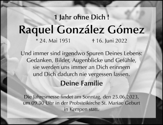 Traueranzeige von Raquel González Gómez von trauer.mein.krefeld.de