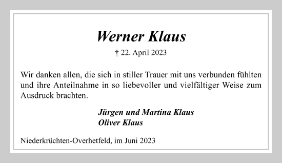 Traueranzeige von Werner Klaus von trauer.extra-tipp-moenchengladbach.de