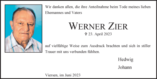 Traueranzeige von Werner Zier von trauer.extra-tipp-moenchengladbach.de