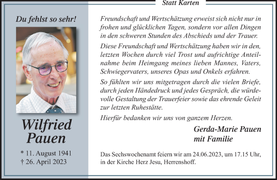 Traueranzeige von Wilfried Pauen von trauer.extra-tipp-moenchengladbach.de