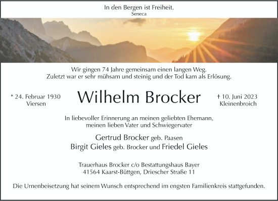 Traueranzeige von Wilhelm Brocker von trauer.extra-tipp-moenchengladbach.de