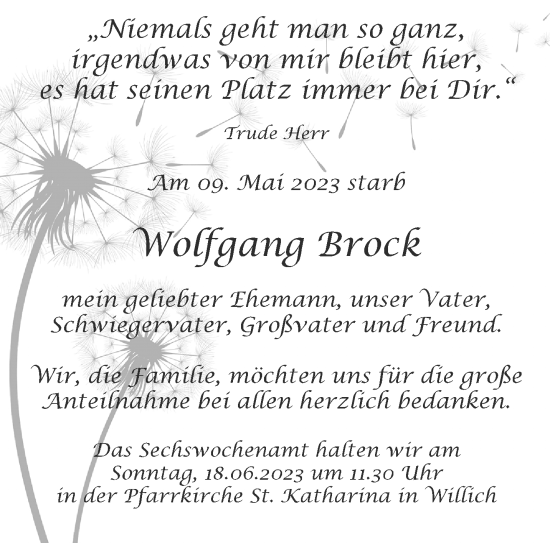 Traueranzeige von Wolfgang Brock von trauer.extra-tipp-moenchengladbach.de