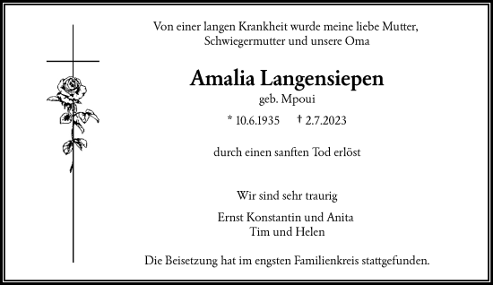 Traueranzeige von Amalia Langensiepen von trauer.wuppertaler-rundschau.de