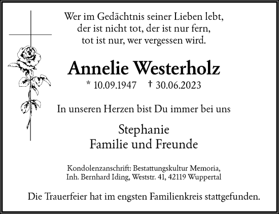 Traueranzeige von Annelie Westerholz von trauer.wuppertaler-rundschau.de