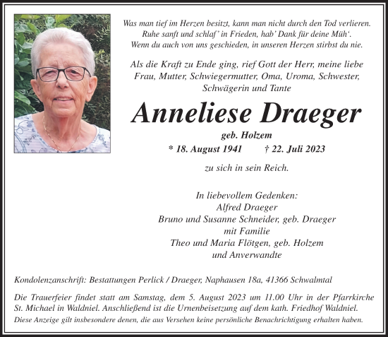 Traueranzeige von Anneliese Draeger von trauer.extra-tipp-moenchengladbach.de