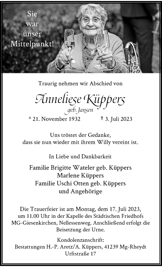 Traueranzeige von Anneliese Küppers von trauer.extra-tipp-moenchengladbach.de