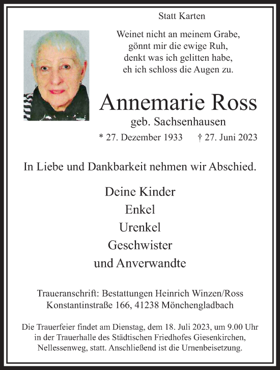 Traueranzeige von Annemarie Ross von trauer.extra-tipp-moenchengladbach.de