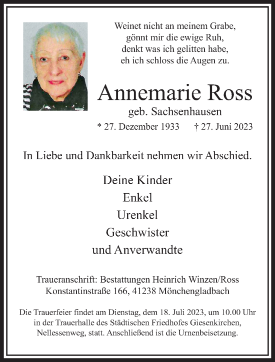 Traueranzeige von Annemarie Ross von trauer.extra-tipp-moenchengladbach.de