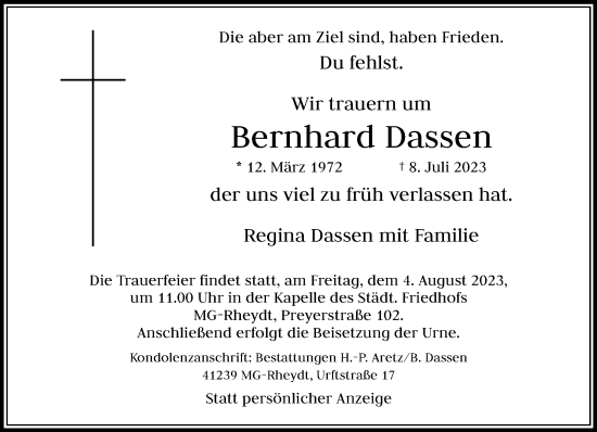 Traueranzeige von Bernhard Dassen von trauer.extra-tipp-moenchengladbach.de