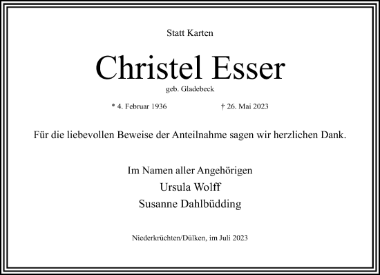 Traueranzeige von Christel Esser von trauer.extra-tipp-moenchengladbach.de