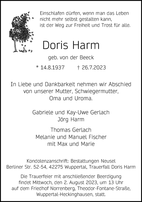 Traueranzeige von Doris Harm von trauer.wuppertaler-rundschau.de