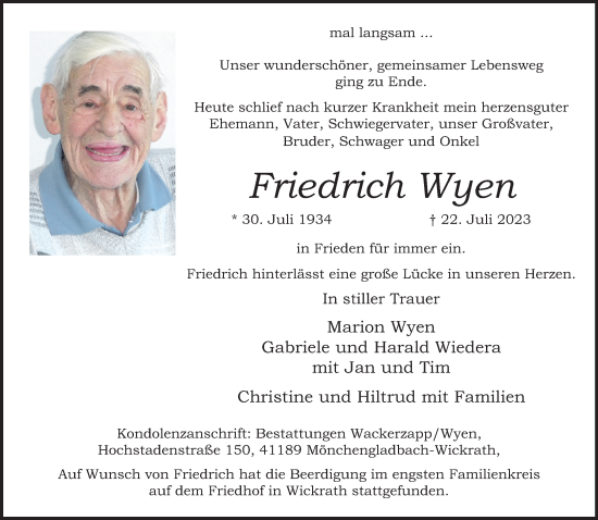 Traueranzeige von Friedrich Wyen von trauer.extra-tipp-moenchengladbach.de