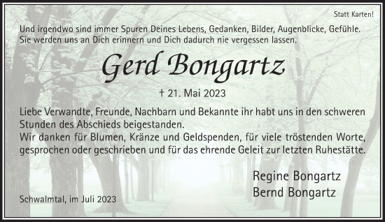 Traueranzeige von Gerd Bongartz von trauer.extra-tipp-moenchengladbach.de