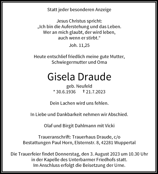 Traueranzeige von Gisela Draude von trauer.wuppertaler-rundschau.de