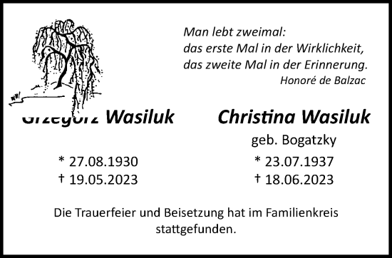 Traueranzeige von Grzegorz und Christina Wasiluk von trauer.mein.krefeld.de