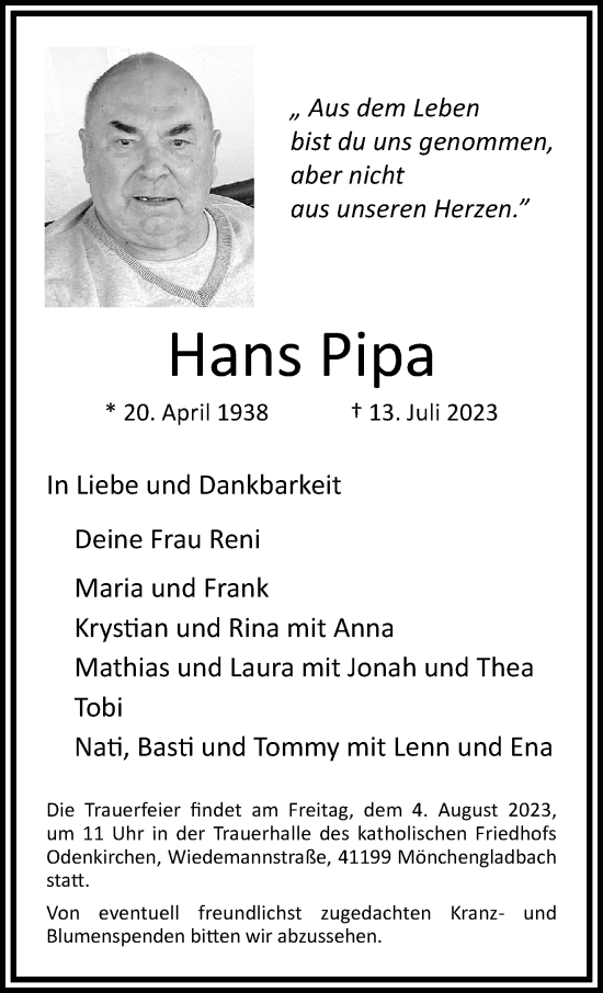 Traueranzeige von Hans Pipa von trauer.extra-tipp-moenchengladbach.de