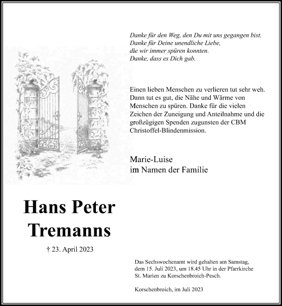 Traueranzeige von Hans Peter Tremanns von trauer.extra-tipp-moenchengladbach.de