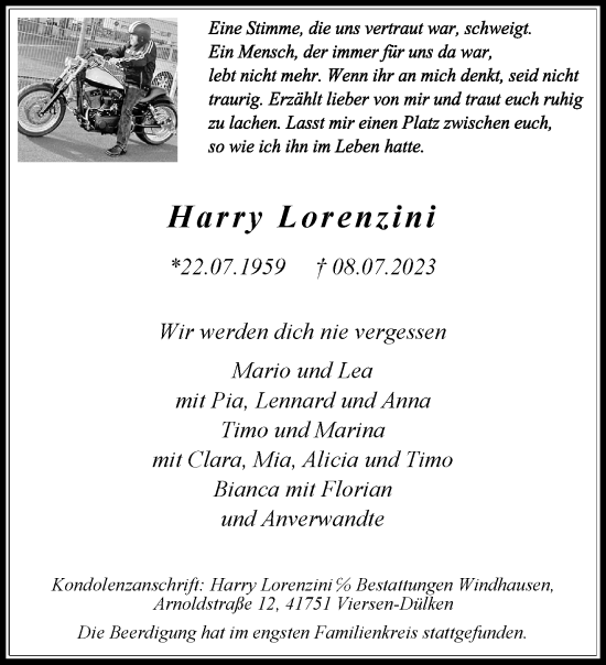 Traueranzeige von Harry Lorenzini von trauer.extra-tipp-moenchengladbach.de