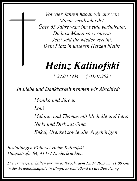 Traueranzeige von Heinz Kalinofski von trauer.extra-tipp-moenchengladbach.de