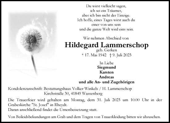 Traueranzeige von Hildegard Lammerschop von trauer.extra-tipp-moenchengladbach.de