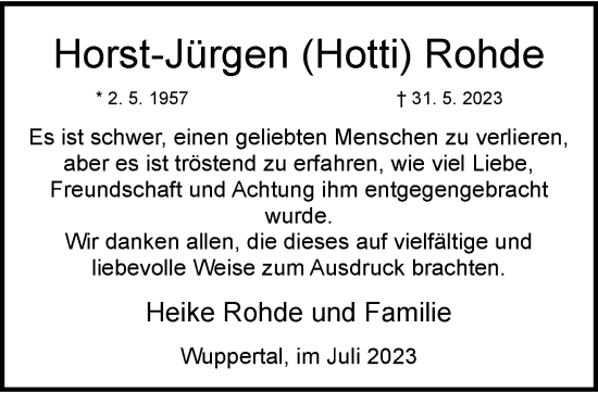Traueranzeige von Horst-Jürgen Rohde von trauer.wuppertaler-rundschau.de