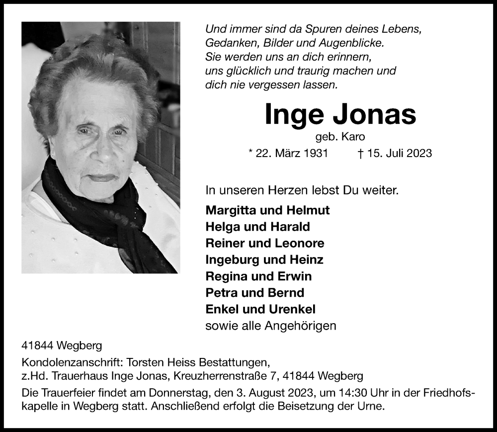  Traueranzeige für Inge Jonas vom 23.07.2023 aus trauer.extra-tipp-moenchengladbach.de
