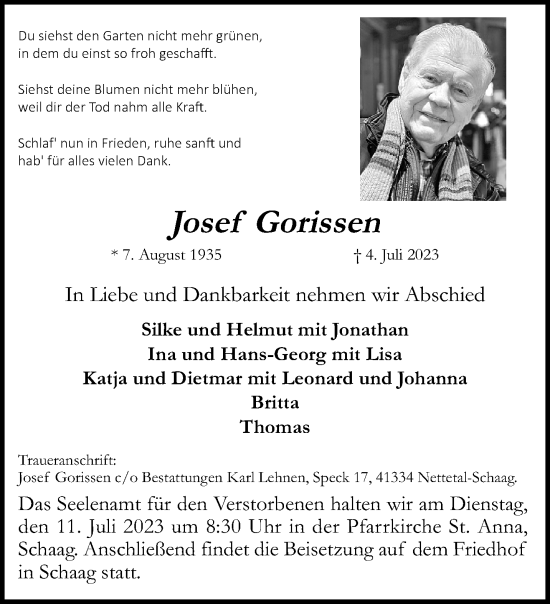 Traueranzeige von Josef Gorissen von trauer.extra-tipp-moenchengladbach.de