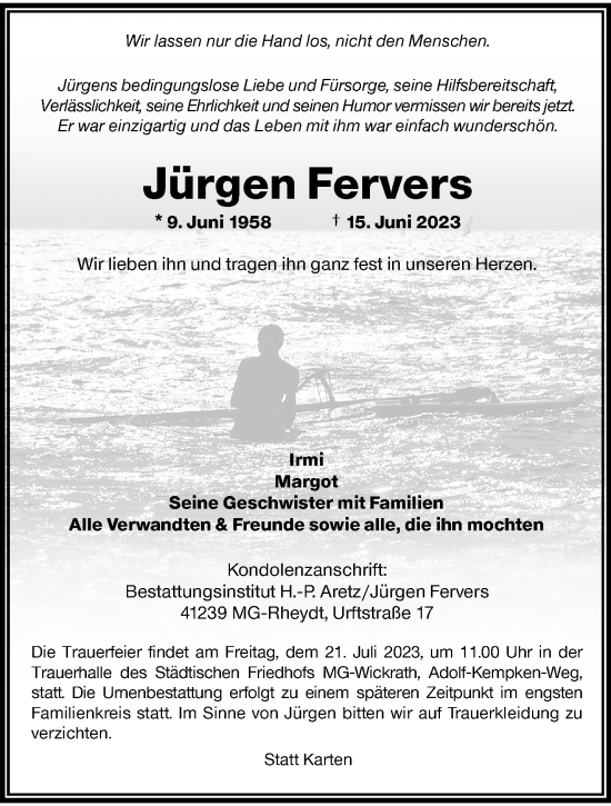 Traueranzeige von Jürgen Fervers von trauer.extra-tipp-moenchengladbach.de