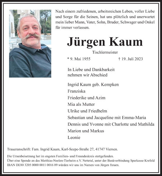Traueranzeige von Jürgen Kaum von trauer.extra-tipp-moenchengladbach.de