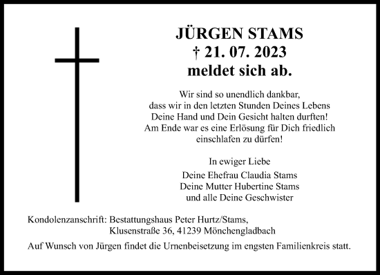 Traueranzeige von Jürgen Stams von trauer.extra-tipp-moenchengladbach.de