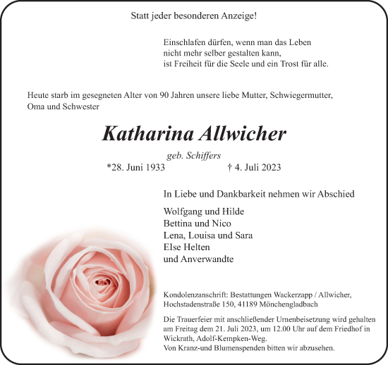 Traueranzeige von Katharina Allwicher von trauer.extra-tipp-moenchengladbach.de