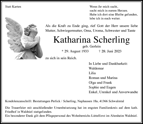 Traueranzeige von Katharina Scherling von trauer.extra-tipp-moenchengladbach.de