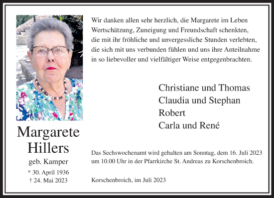 Traueranzeige von Margarete Hillers von trauer.extra-tipp-moenchengladbach.de