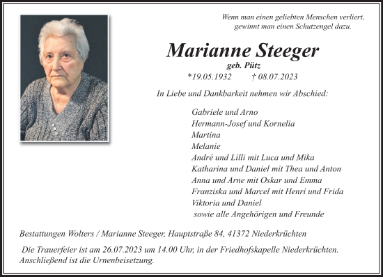 Traueranzeige von Marianne Steeger von trauer.extra-tipp-moenchengladbach.de