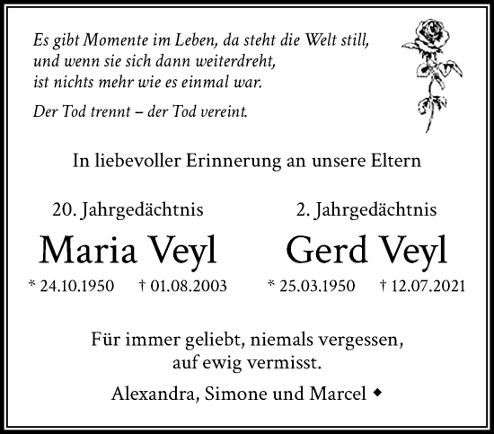 Traueranzeige von Maria und Gerd Veyl von trauer.stadt-kurier.de