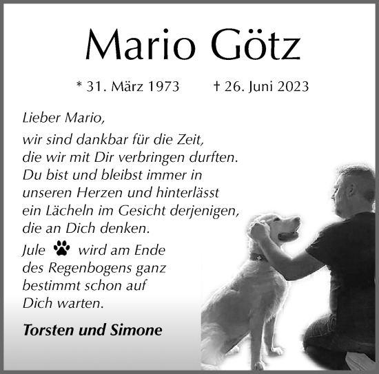 Traueranzeige von Mario Götz von trauer.extra-tipp-moenchengladbach.de