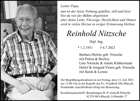 Traueranzeige von Reinhold Nitzsche von trauer.extra-tipp-moenchengladbach.de